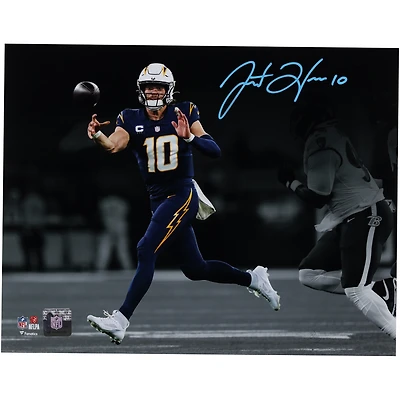 Justin Herbert Los Angeles Chargers Autographed 11" x 14" Navy Jersey Passing Spotlight Photograph