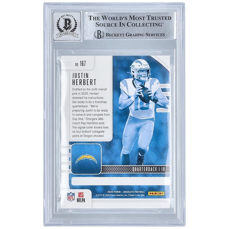 Justin Herbert Los Angeles Chargers Autographed 2020 Panini Absolute #167 BAS Authenticated 10 Rookie Card