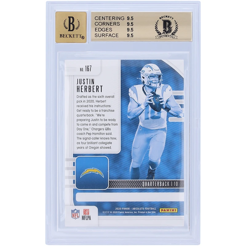 Justin Herbert Los Angeles Chargers Autographed 2020 Panini Absolute #167 BAS Authenticated 9.5/10 Rookie Card - 9.5/9.5/9.5/9.5 Subgrades