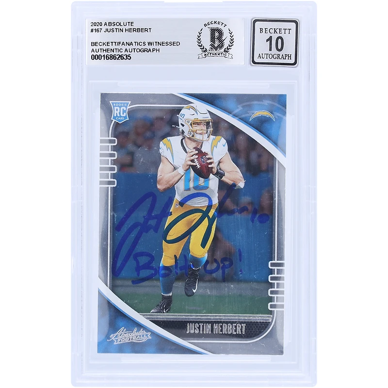 Justin Herbert Los Angeles Chargers Autographed 2020 Panini Absolute #167 Beckett Fanatics Witnessed Authenticated 10 Rookie Card with "Bolt Up!" Inscription