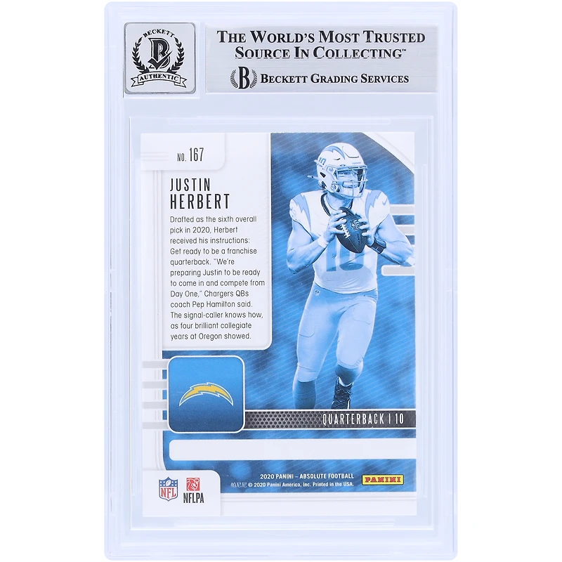 Justin Herbert Los Angeles Chargers Carte de recrue authentifiée 9/10 autographiée 2020 Panini Absolute #167 Beckett Fanatics Witnessed