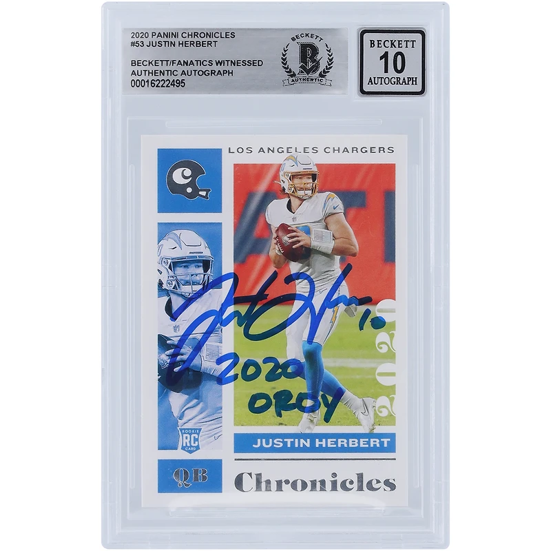 Justin Herbert Los Angeles Chargers a autographié la carte Panini Chronicles 2020 #53 Beckett Fanatics a été témoin d'une carte Rookie 10 authentifiée avec l'inscription "2020 OROY"