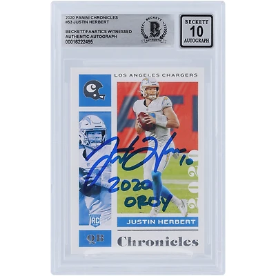 Justin Herbert Los Angeles Chargers a autographié la carte Panini Chronicles 2020 #53 Beckett Fanatics a été témoin d'une carte Rookie 10 authentifiée avec l'inscription "2020 OROY"