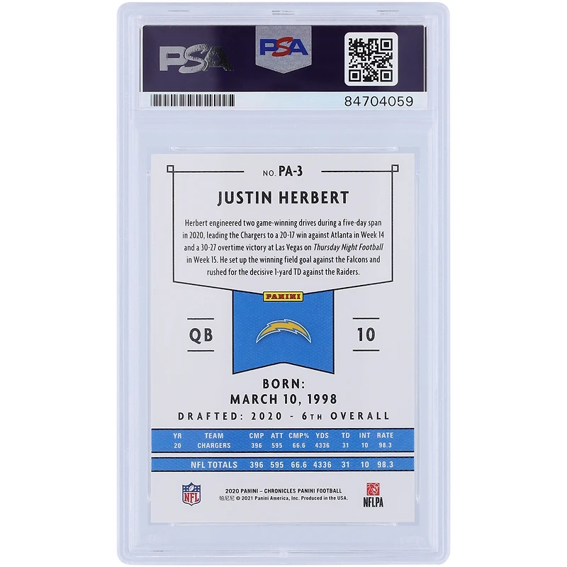 Justin Herbert Los Angeles Chargers Autographed 2020 Panini Chronicles #PA-3 PSA Authenticated 10 Rookie Card
