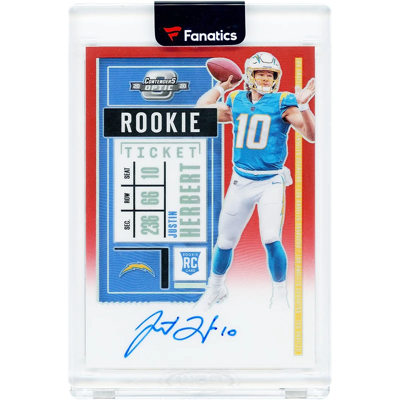 Carte de recrue autographiée de Justin Herbert (Los Angeles Chargers) - Panini Contenders Optic Rookie Ticket 2020, rouge Prizm n° 104, n° 142/199