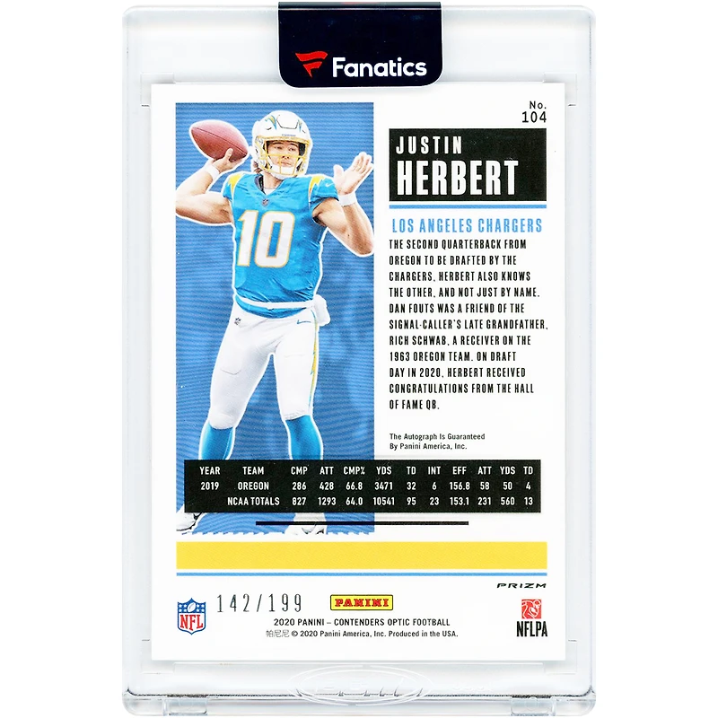 Carte de recrue autographiée de Justin Herbert (Los Angeles Chargers) - Panini Contenders Optic Rookie Ticket 2020, rouge Prizm n° 104, n° 142/199