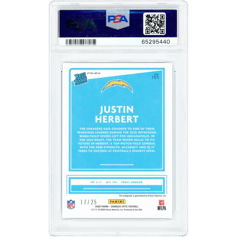 Justin Herbert Los Angeles Chargers Autographed 2020 Panini Donruss Optic Black Pandora Prizm Rated Rookie #153 #17/25 PSA Authenticated 9 Rookie Card