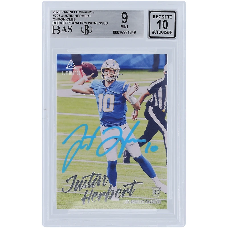 Justin Herbert Los Angeles Chargers Autographed 2020 Panini Luminance Powder Blue #203 Beckett Fanatics Witnessed Authenticated 9/10 Rookie Card 