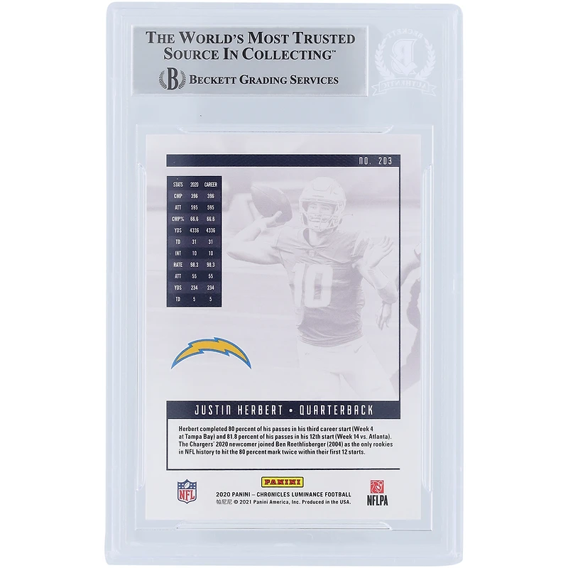 Justin Herbert Los Angeles Chargers Autographed 2020 Panini Luminance Powder Blue Paint #203 Beckett Fanatics Witnessed Authenticated Rookie Card 