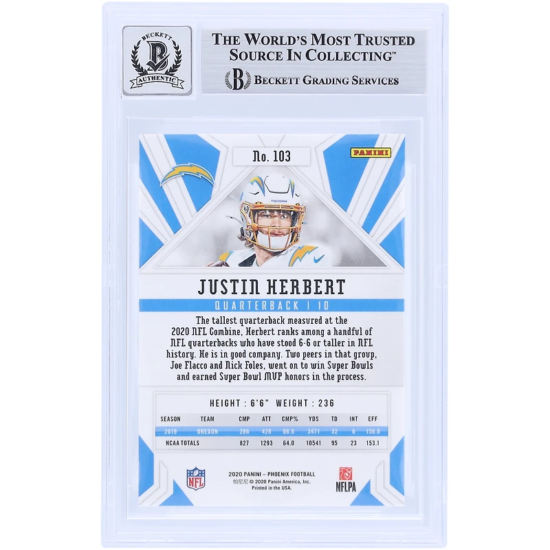 Justin Herbert Los Angeles Chargers Autographed 2020 Panini Phoenix Fire Burst Light Blue Ink #103 Beckett Fanatics Witnessed Authenticated 9/10 Rookie Card 