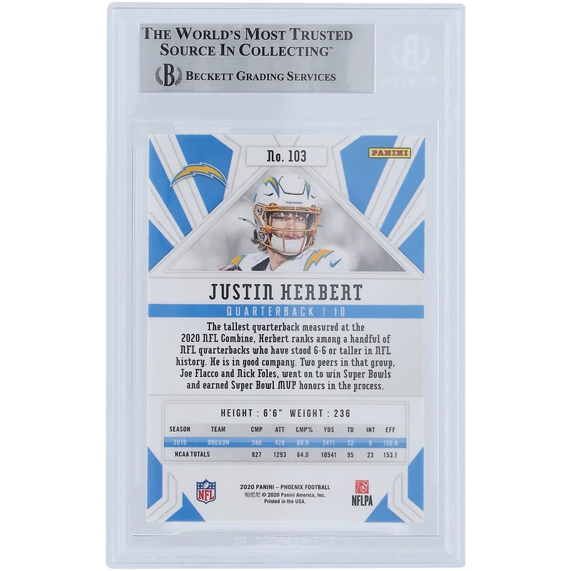 Justin Herbert Los Angeles Chargers Autographed 2020 Panini Phoenix Fire Burst Light Blue Ink #103 Beckett Fanatics Witnessed Authenticated Rookie Card