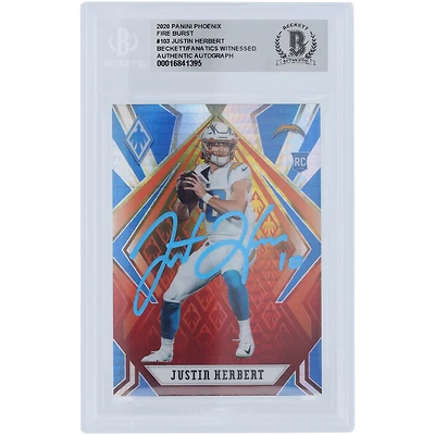 Justin Herbert Los Angeles Chargers Autographed 2020 Panini Phoenix Fire Burst Light Blue Ink #103 Beckett Fanatics Witnessed Authenticated Rookie Card