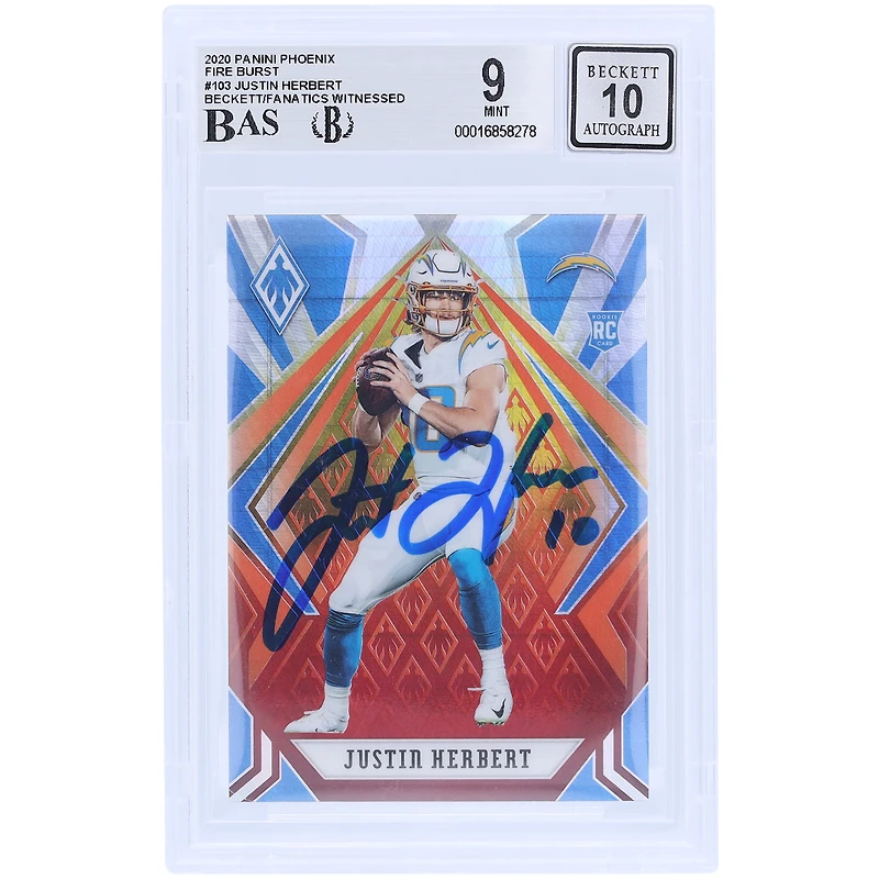 Justin Herbert Los Angeles Chargers Autographed 2020 Panini Phoenix Fire Burst #103 Beckett Fanatics Witnessed Authenticated 9/10 Rookie Card