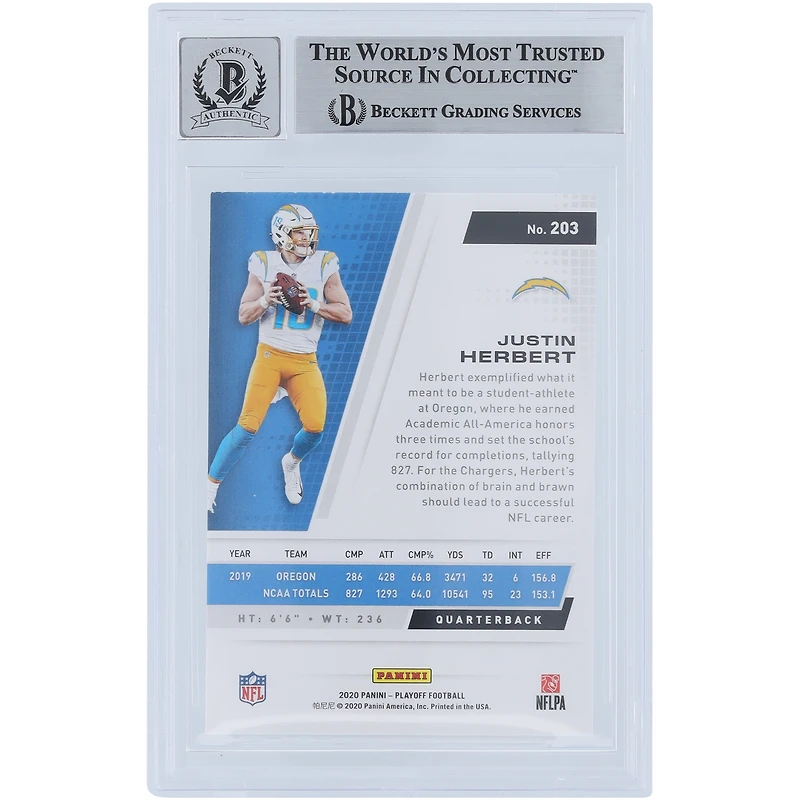 Justin Herbert Los Angeles Chargers Autographed 2020 Panini Playoff #203 Beckett Fanatics Witnessed Authenticated 9/10 Rookie Card