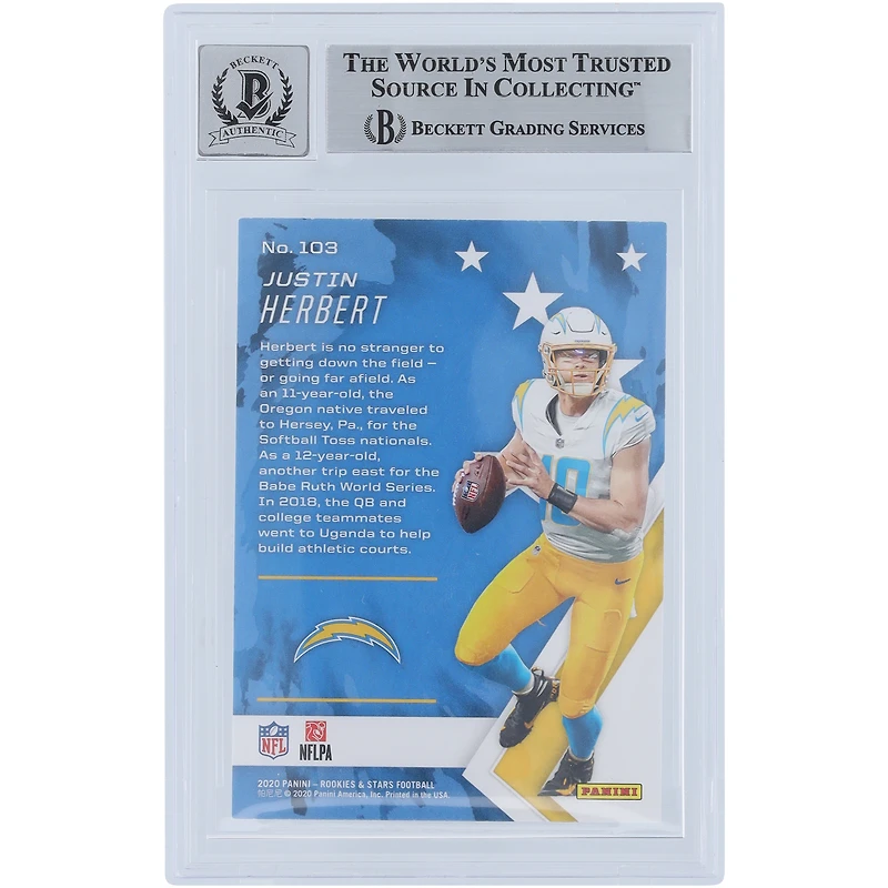 Justin Herbert Los Angeles Chargers Autographed 2020 Panini Rookies & Stars #103 Beckett Fanatics Witnessed Authenticated /10 Rookie Card