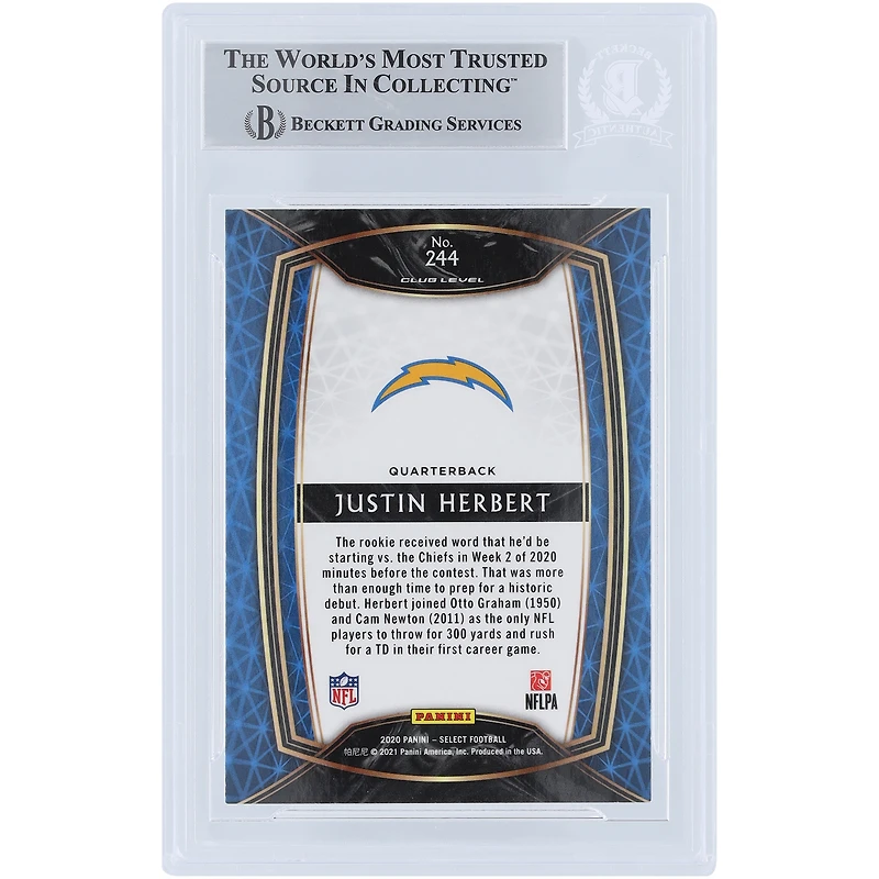 Justin Herbert Los Angeles Chargers Carte de recrue authentifiée 2020 Panini Select Club Level #244 Beckett Fanatics avec inscription « 2020 OROY » autographiée
