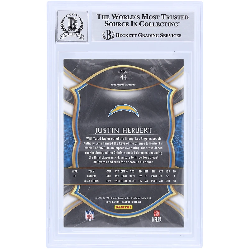 Justin Herbert Los Angeles Chargers Autographed 2020 Panini Select Light Blue Ink #44 Beckett Fanatics Witnessed Authenticated 10 Rookie Card 