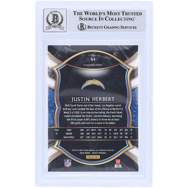 Justin Herbert Los Angeles Chargers Autographed 2020 Panini Select Light Blue Ink #44 Beckett Fanatics Witnessed Authenticated 9/10 Rookie Card