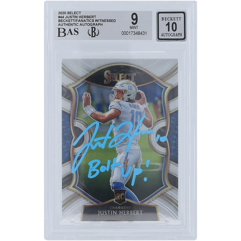 Justin Herbert Los Angeles Chargers Autographed 2020 Panini Select Light Blue Ink #44 Beckett Fanatics Witnessed Authenticated 9/10 Rookie Card with "Bolt Up!" Inscription