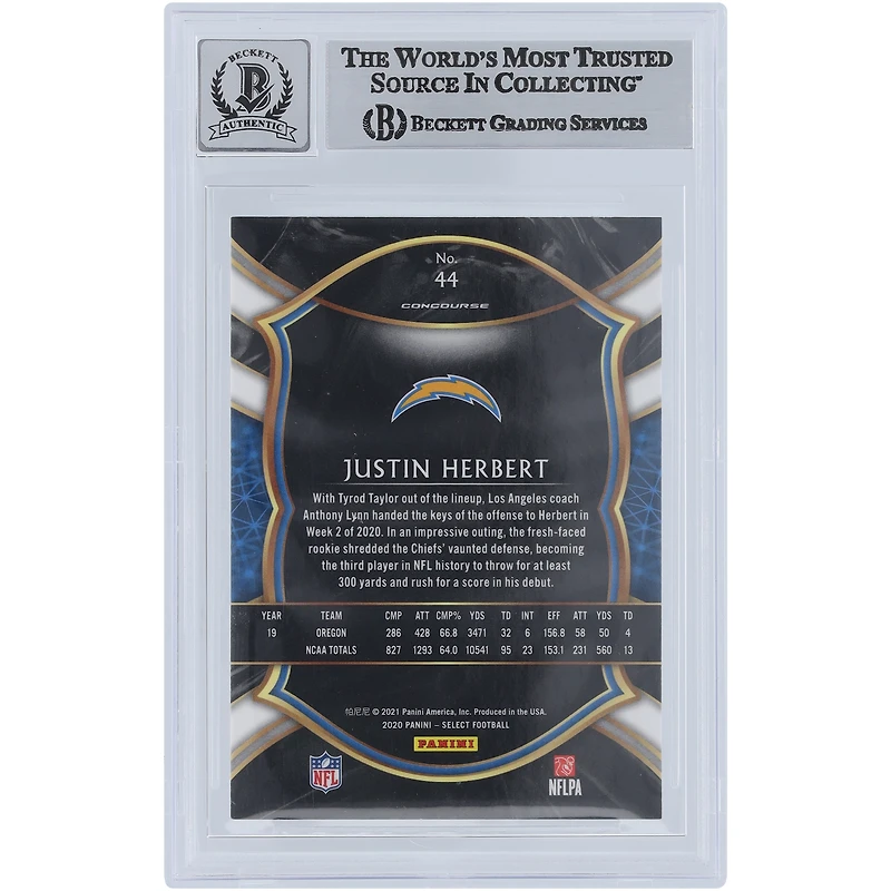 Justin Herbert Los Angeles Chargers Autographed 2020 Panini Select Light Blue Ink #44 Beckett Fanatics Witnessed Authenticated 9/10 Rookie Card with "Bolt Up!" Inscription