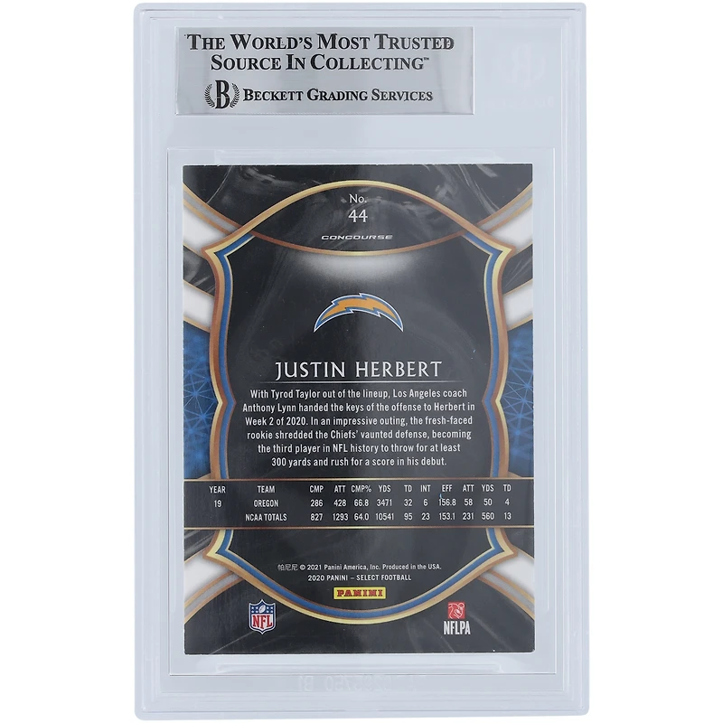 Justin Herbert Los Angeles Chargers Autographed 2020 Panini Select Light Blue Ink #44 Beckett Fanatics Witnessed Authenticated Rookie Card