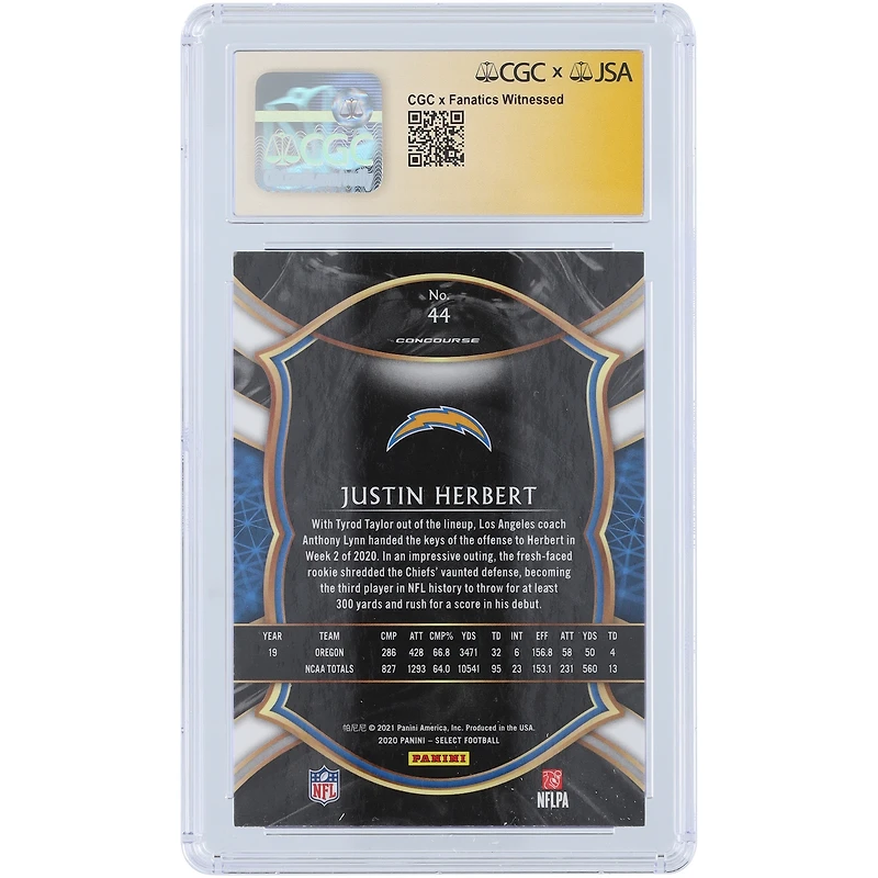 Justin Herbert Los Angeles Chargers Autographed 2020 Panini Select Light Blue Ink #44 CGC Fanatics Witnessed Authenticated 9/10 Rookie Card