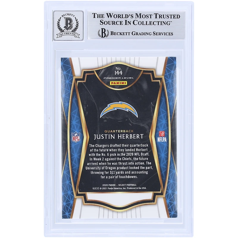 Justin Herbert Los Angeles Chargers dédicacé 2020 Panini Select #144 Beckett Fanatics témoin authentifié 10 Rookie Card
