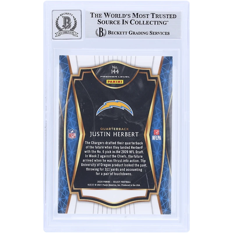 Justin Herbert Los Angeles Chargers Autographed 2020 Panini Select #144 Beckett Fanatics Witnessed Authenticated 9/10 Rookie Card 