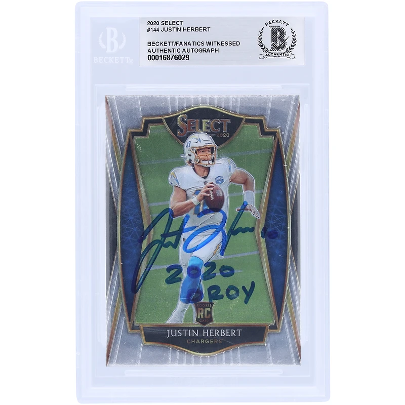 Justin Herbert Los Angeles Chargers Autographed 2020 Panini Select #144 Beckett Fanatics Witnessed Authenticated Rookie Card with "2020 OROY" Inscription