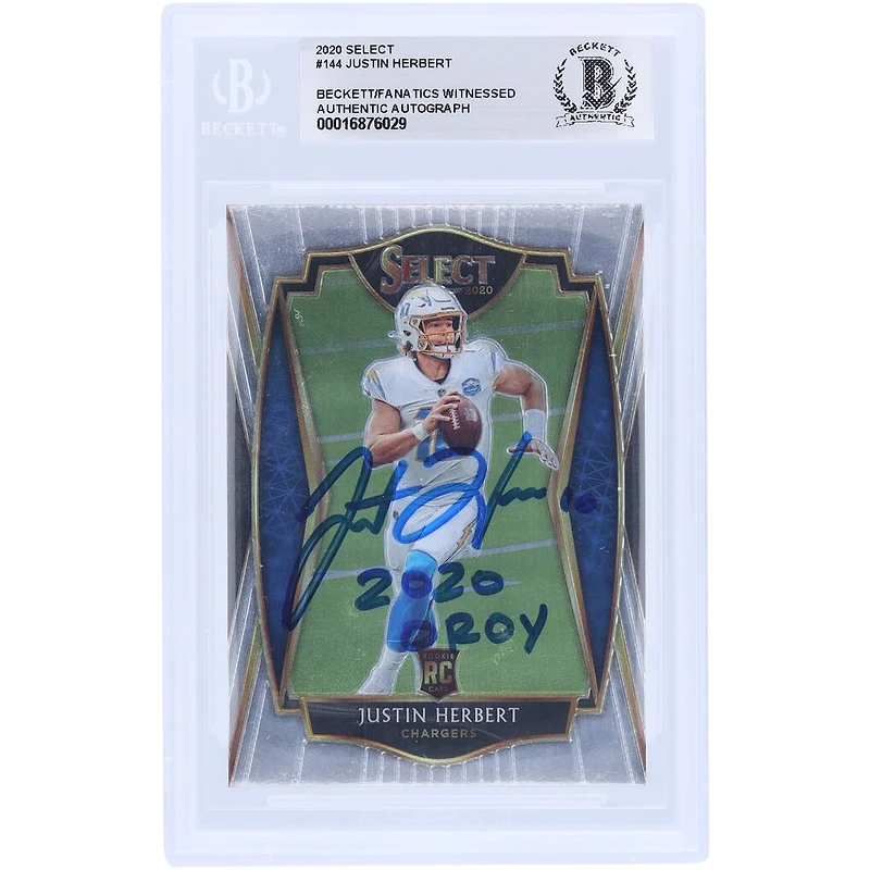 Justin Herbert Los Angeles Chargers Carte de recrue authentifiée 2020 Panini Select #144 Beckett Fanatics avec l'inscription « 2020 OROY » autographiée