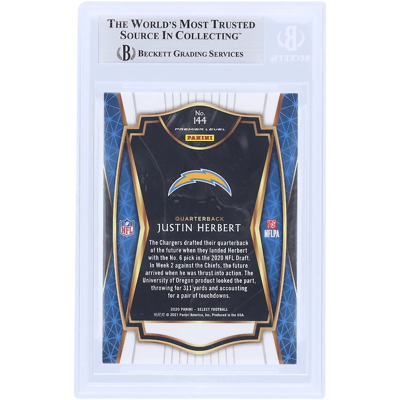 Justin Herbert Los Angeles Chargers Autographed 2020 Panini Select #144 Beckett Fanatics Witnessed Authenticated Rookie Card with "2020 OROY" Inscription