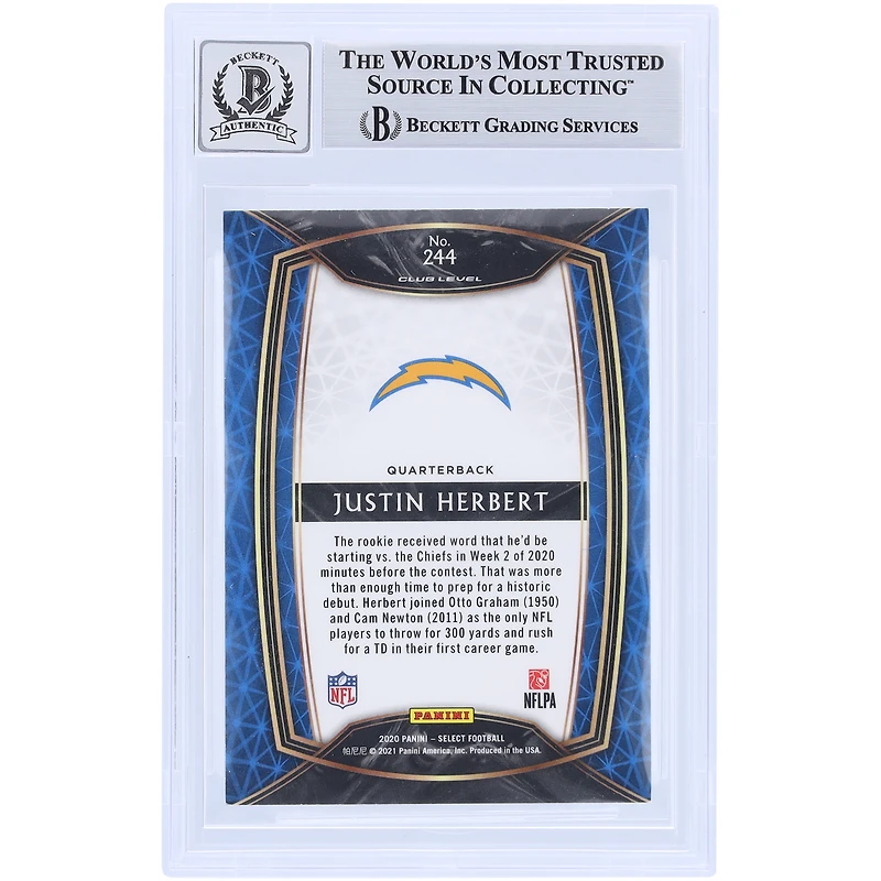 Justin Herbert Los Angeles Chargers Autographed 2020 Panini Select #244 Beckett Fanatics Witnessed Authenticated 9/10 Rookie Card 