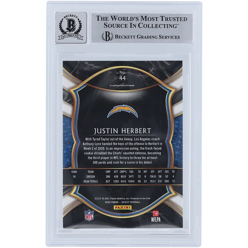 Justin Herbert Los Angeles Chargers Autographed 2020 Panini Select #44 Beckett Fanatics Witnessed Authenticated 10 Rookie Card