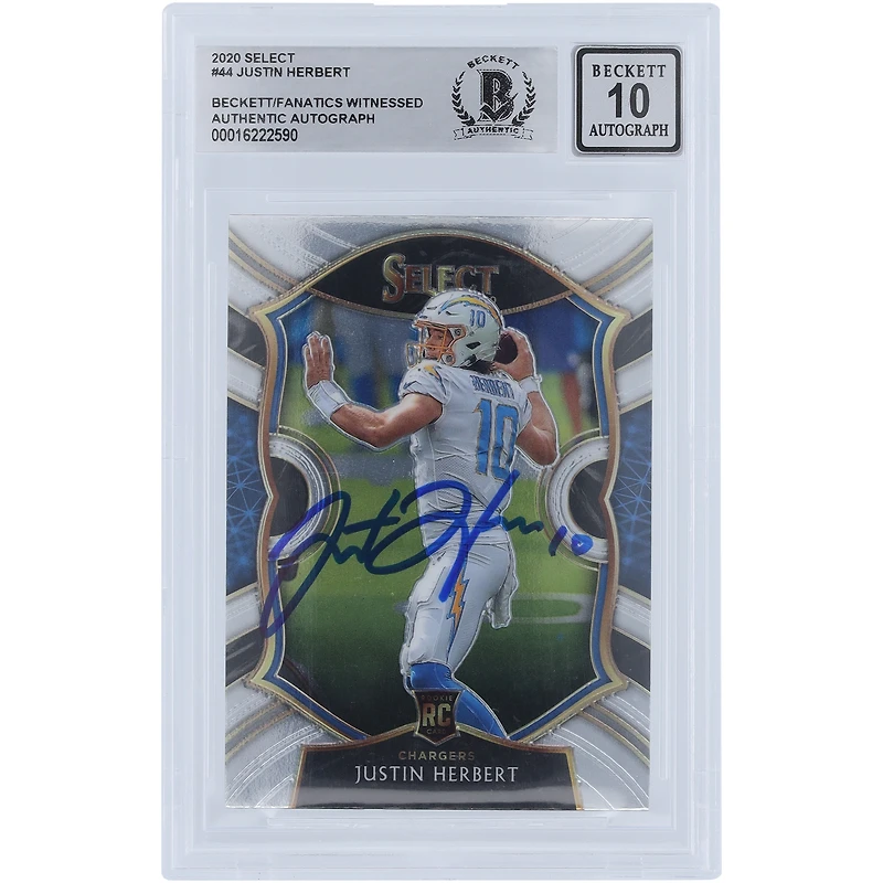 Justin Herbert Los Angeles Chargers Carte de recrue Panini Select #44 2020 autographiée Beckett Fanatics Witnessed Authenticated 10 Rookie