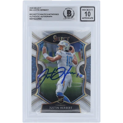 Justin Herbert Los Angeles Chargers Carte de recrue Panini Select #44 2020 autographiée Beckett Fanatics Witnessed Authenticated 10 Rookie