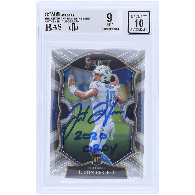 Justin Herbert Los Angeles Chargers Autographed 2020 Panini Select #44 Beckett Fanatics Witnessed Authenticated /10 Rookie Card with "2020 OROY" Inscription