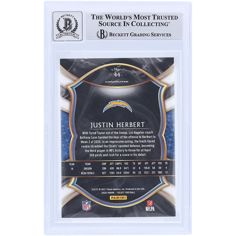 Justin Herbert Los Angeles Chargers Autographed 2020 Panini Select #44 Beckett Fanatics Witnessed Authenticated /10 Rookie Card with "2020 OROY" Inscription