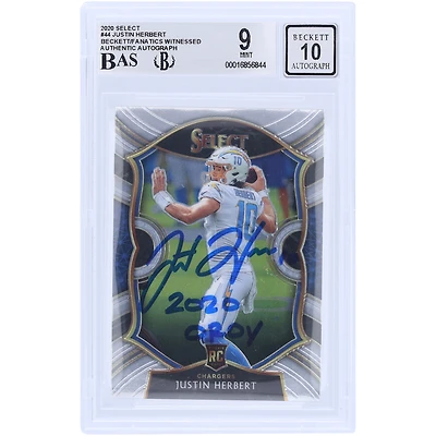 Justin Herbert Los Angeles Chargers Autographed 2020 Panini Select #44 Beckett Fanatics Witnessed Authenticated /10 Rookie Card with "2020 OROY" Inscription