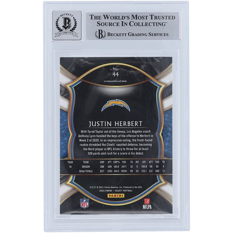 Justin Herbert Los Angeles Chargers Autographed 2020 Panini Select #44 Beckett Fanatics Witnessed Authenticated 9/10 Rookie Card