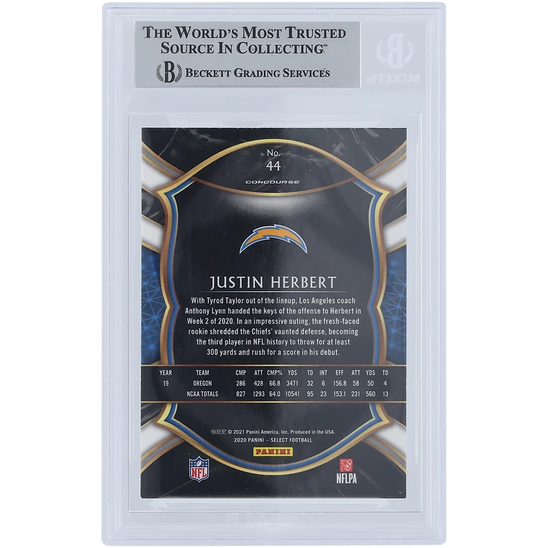 Justin Herbert Los Angeles Chargers Autographed 2020 Panini Select #44 Beckett Fanatics Witnessed Authenticated Rookie Card with "2020 OROY" Inscription
