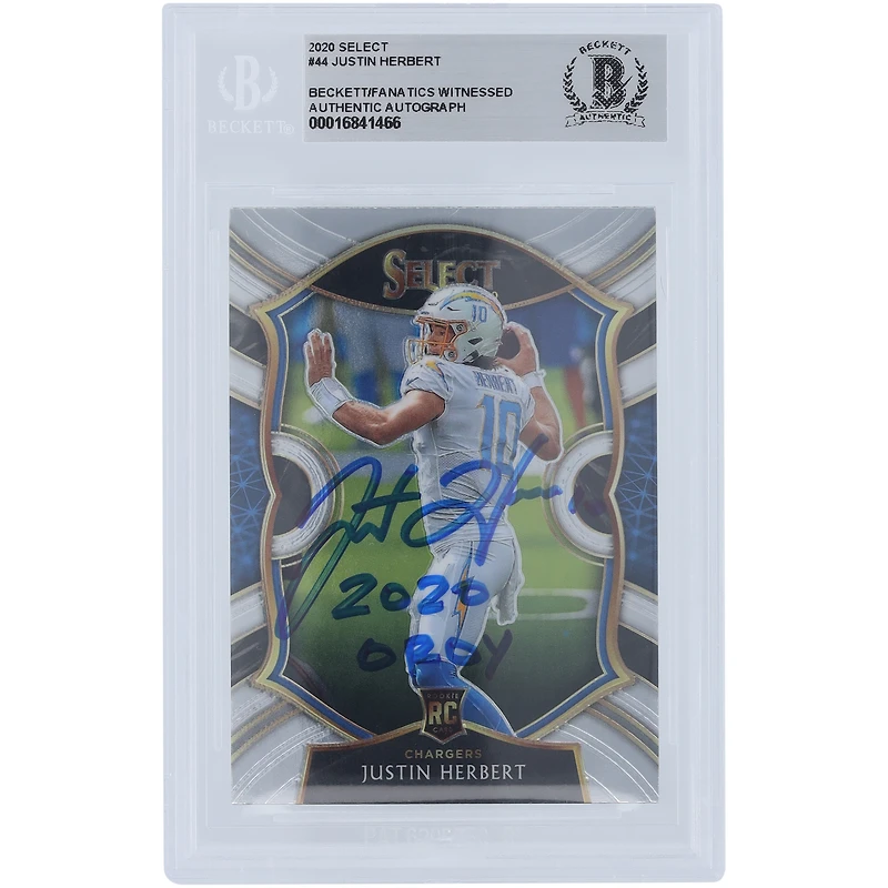 Justin Herbert Los Angeles Chargers a autographié la carte de recrue authentifiée Panini Select #44 2020 de Beckett Fanatics avec l'inscription « 2020 OROY »
