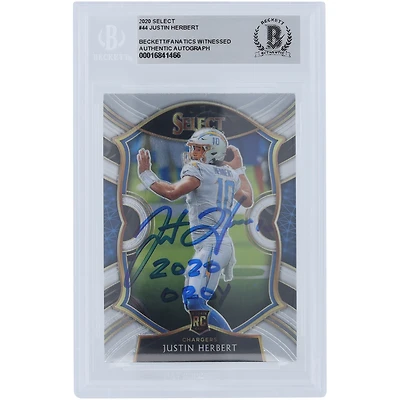 Justin Herbert Los Angeles Chargers a autographié la carte de recrue authentifiée Panini Select #44 2020 de Beckett Fanatics avec l'inscription « 2020 OROY »