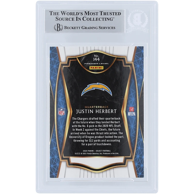 Justin Herbert Los Angeles Chargers Autographed 2020 Panini Select Premier Level #144 Beckett Fanatics Witnessed Authenticated Rookie Card with "2020 #6 PICK" Inscription