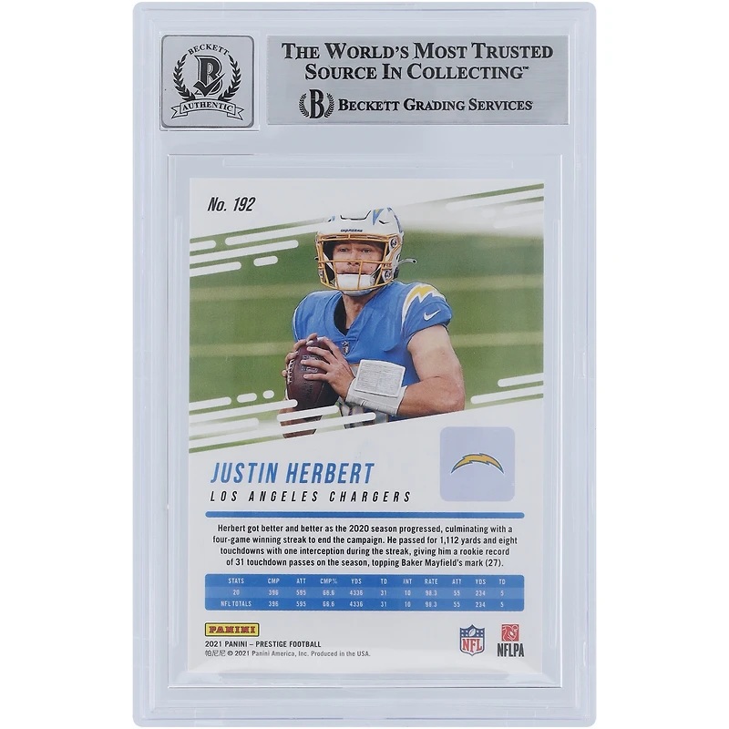 Justin Herbert Los Angeles Chargers Autographed 2021 Panini Prestige Xtra Points Purple #192 #/149 Beckett Fanatics Witnessed Authenticated 9/10 Card
