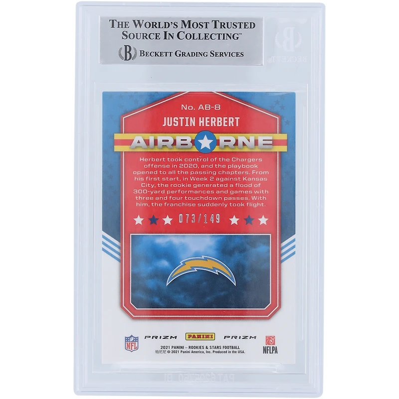 Justin Herbert Los Angeles Chargers Autographed 2021 Panini Rookies & Stars Airborne - White #AB-8 #73/149 Beckett Fanatics Witnessed Authenticated Card 