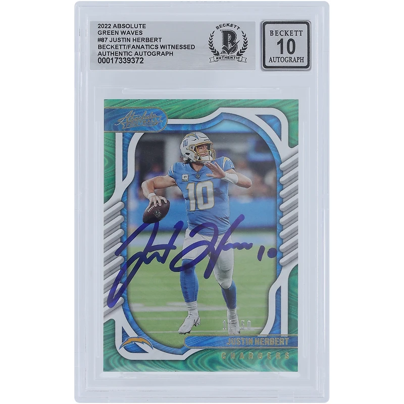 Justin Herbert Los Angeles Chargers Autographed 2022 Panini Absolute Green Waves #87 #/50 Beckett Fanatics Witnessed Authenticated 10 Card 