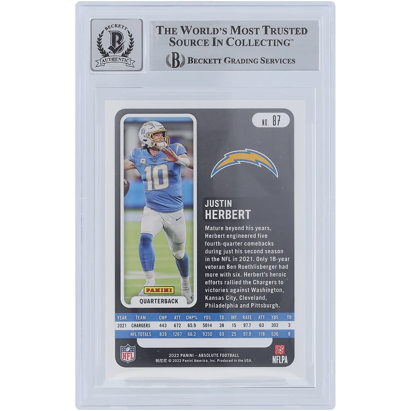 Justin Herbert Los Angeles Chargers Autographed 2022 Panini Absolute Green Waves #87 #/50 Beckett Fanatics Witnessed Authenticated 10 Card