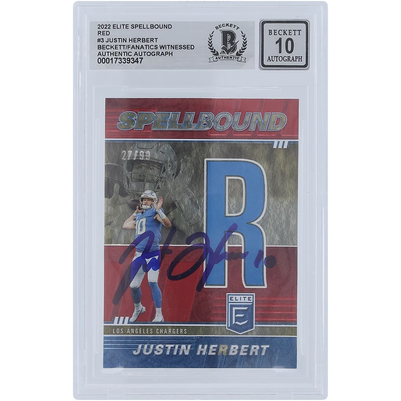 Justin Herbert Los Angeles Chargers Autographed 2022 Panini Donruss Elite Spellbound R Red #SB-JH3 #/99 Beckett Fanatics Witnessed Authenticated 10 Card 