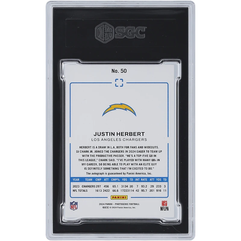Justin Herbert Los Angeles Chargers Autographed 2024 Panini Photogenic Red Autograph #50 #10/10 SGC Authenticated 8.5/10 Card