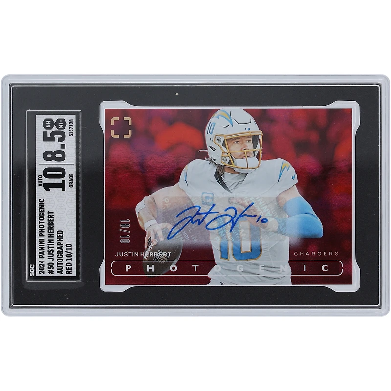 Justin Herbert Los Angeles Chargers Autographed 2024 Panini Photogenic Red Autograph #50 #10/10 SGC Authenticated 8.5/10 Card
